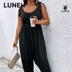 Black Jumpsuit for Women-Plus Tie Shoulder Backless Solid Jumpsuit